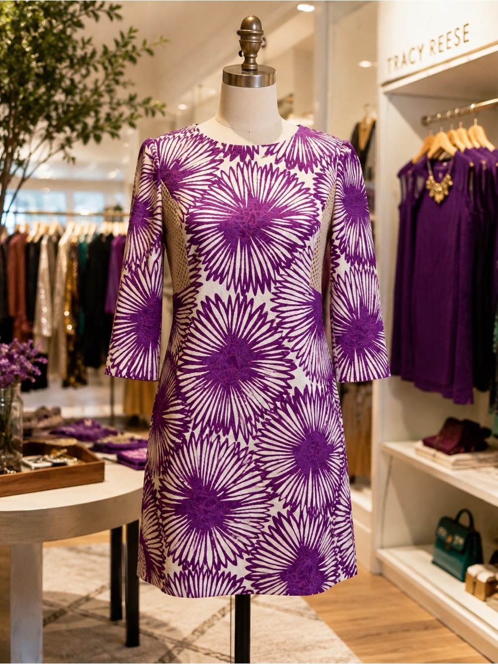 Tracy Reese Silk Linen Mini Shift Dress 4 Purple Floral Mesh Cutout
